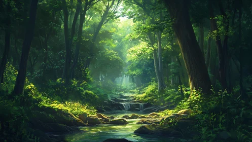 Luminescent Forest Stream: Digital Landscape with Ethereal Canopy.