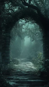 Stone archway and forest stair path in diffuse green light.