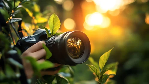 Close-up of DSLR camera lens in foliage at sunset light.