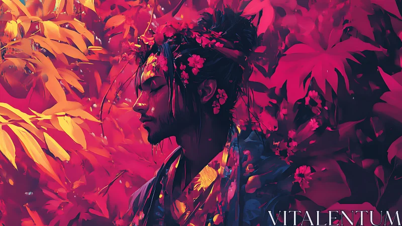 Serene samurai profile framed by vivid crimson foliage
