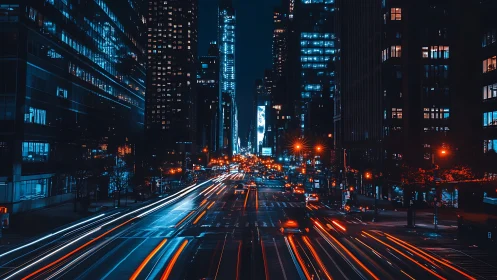 Neon river of headlights slicing through midnight towers.