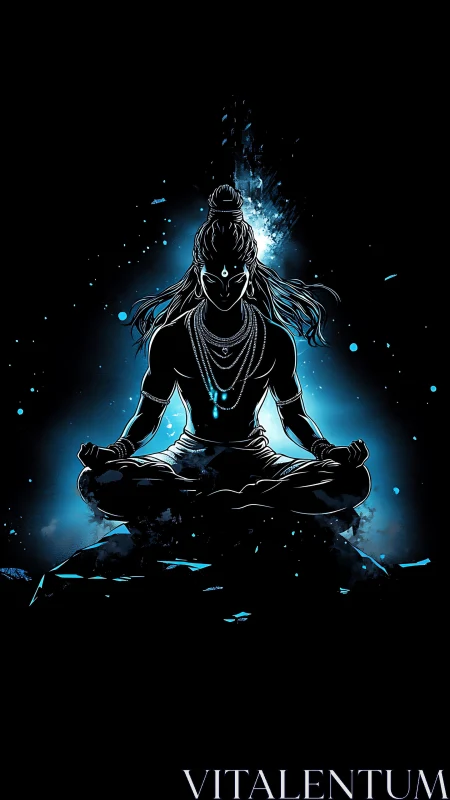Meditative deity silhouette in glowing cosmic blue aura.