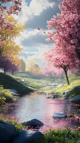 Spring stream corridor with pink blossom trees in daylight.