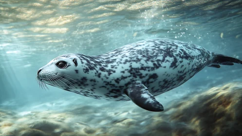 Spotted seal swims horizontally through shallow seawater