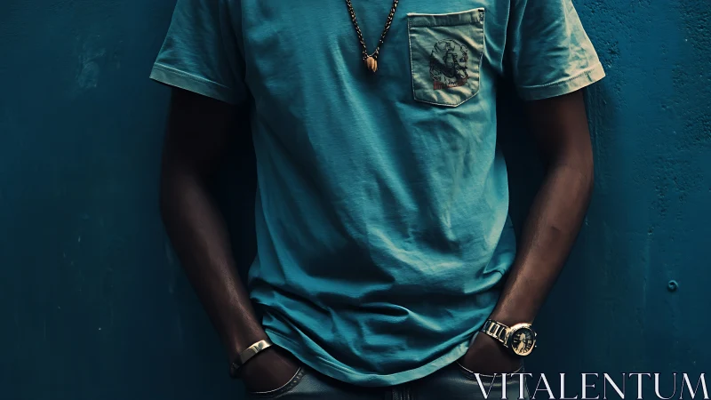 Torso of person in blue T-shirt against textured wall.