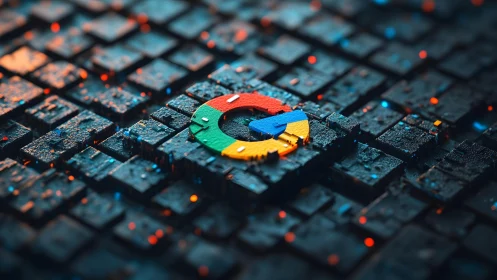 Google logo on dark digital blocks, modern tech-inspired design.