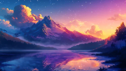 Aurora-kissed mountain mirror over a spellbound violet lake.
