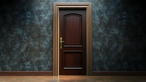 Midnight hallway door hums with quiet, expectant mystery.