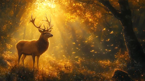 Majestic deer in golden autumn forest, glowing sunlight, magical realism.