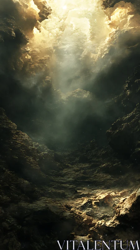 Light shaft descends into rocky cavernous landscape