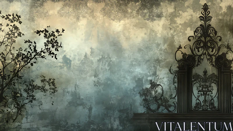 Ornate wrought iron gate against misted distressed wall.