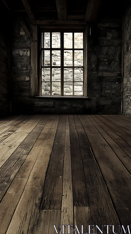Quiet wooden room with a weathered stone window view.