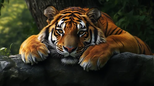 Resting tiger with paws draped over shaded rock ledge.