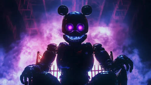 Glowing robot bunny sits in neon mist with playful menace.