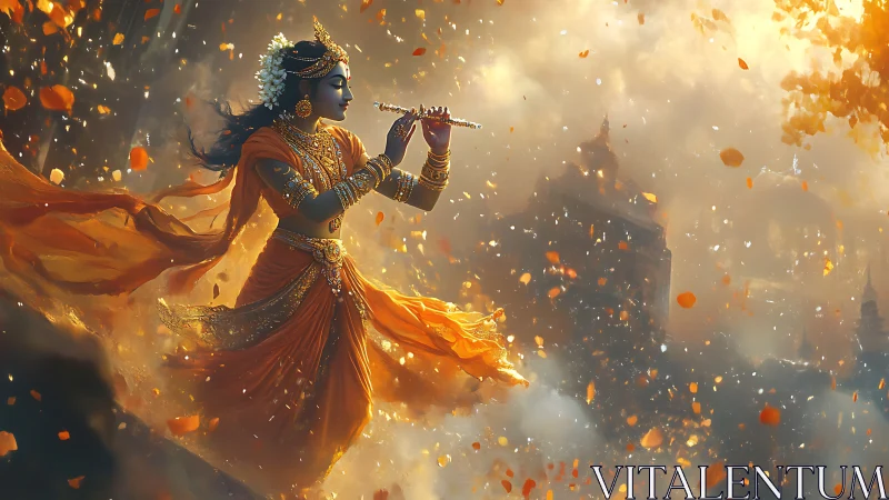 Divine flutist in flowing saffron robe amid luminous petals