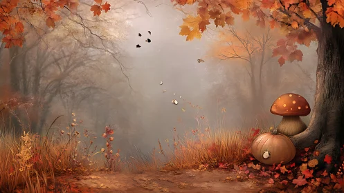 Enchanted autumn forest clearing with pumpkins and fungi.