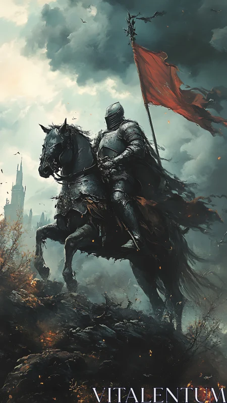 Storm-lit armored rider carries a bold red banner forward