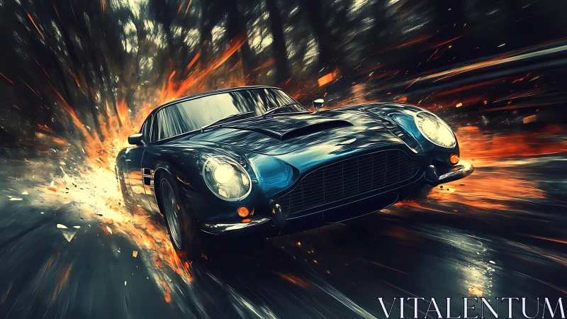 Digital painting of vintage sports car in explosive motion blur.