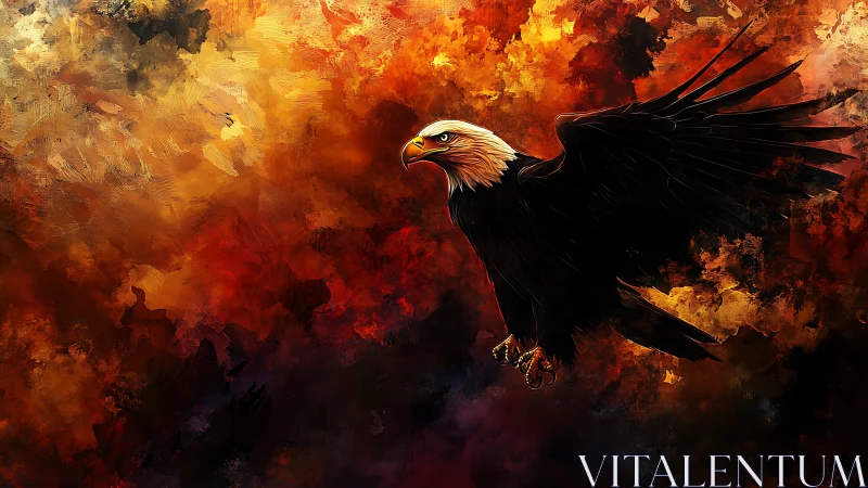 Majestic Bald Eagle in Flight Over Fiery Abstract Background.