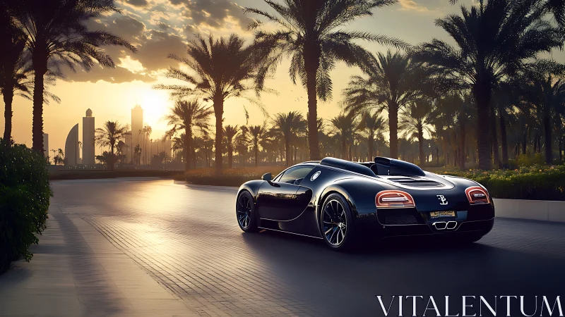 Sunlit boulevard cruise with sleek black supercar dreams.