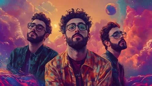 Triadic male portraits in neon cosmic gradient cloudscape