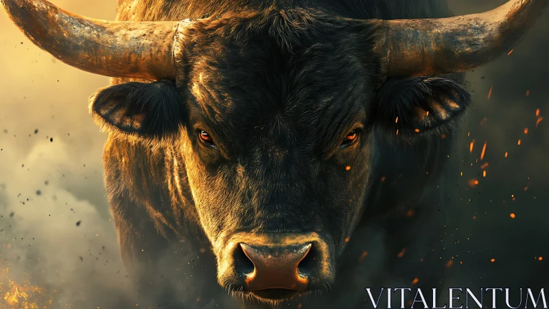 Fiery bull charges through smoke and sparks in dramatic focus.
