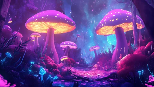 Glowing forest mushrooms light a dreamy neon night path.
