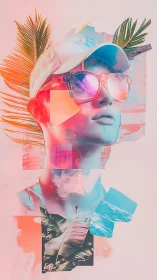 Neon tropical portrait collage with surreal summer fragments.