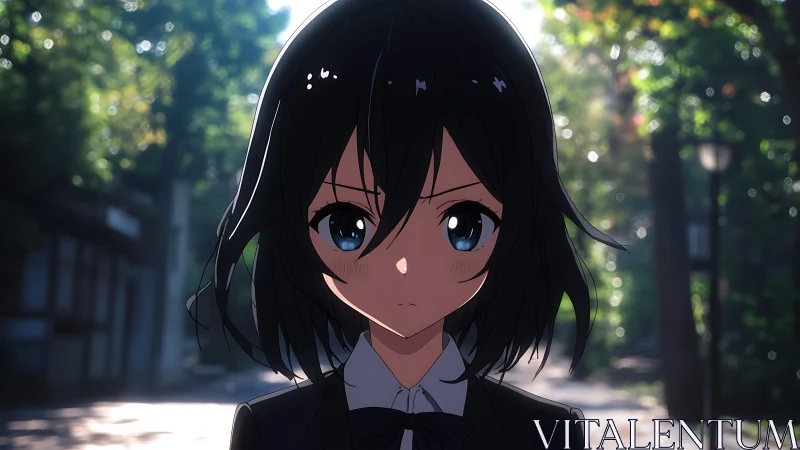 Serious anime schoolgirl walking alone on sunlit path.