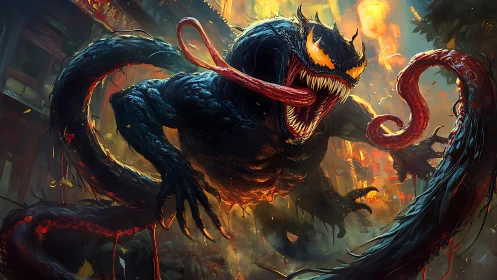 Massive black monster leaps through fiery neon cityscape