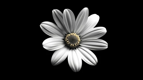Daisy Flower with Golden Center Against Black Background.