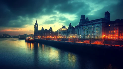Riverside cityscape with clock tower under overcast sky.