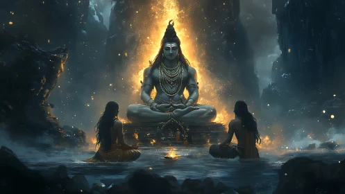 Volcanic-luminous Shiva meditation in glacial cavern basin.