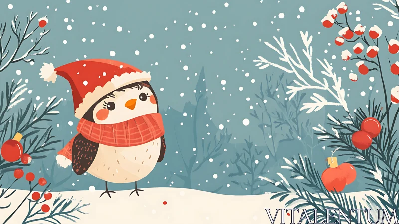 Vector snowfield robin in festive hat and scarf illustration.