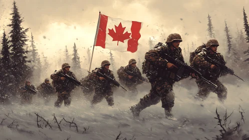 Digital war art of Canadian infantry advance in blizzard conditions.