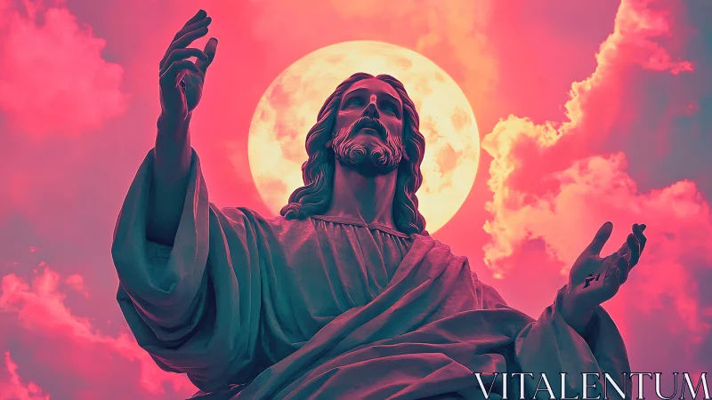 Statue of robed figure before full moon in pink sky.