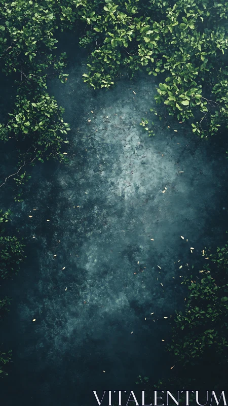 Aerial view of dark water with vegetation framing edges