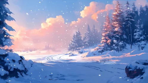 Snowlit pines lean into sunrise while quiet tracks wander