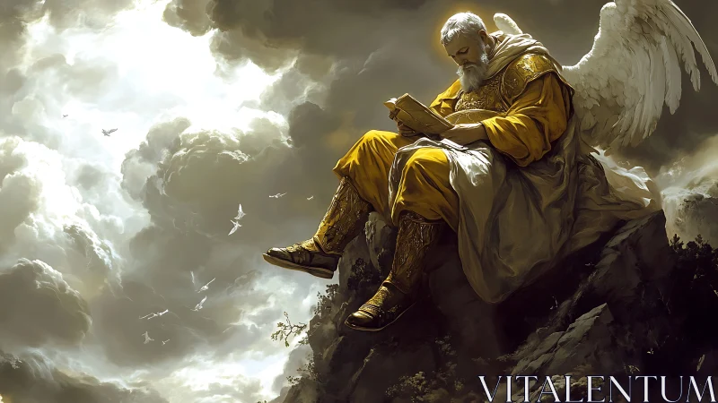 Solitary winged sage reading above the stormy clouds.