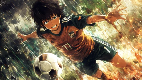 Dynamic anime soccer forward dives through rain-soaked motion