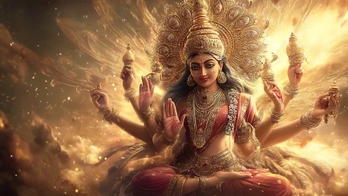 Radiant multi armed goddess rests in glowing celestial light