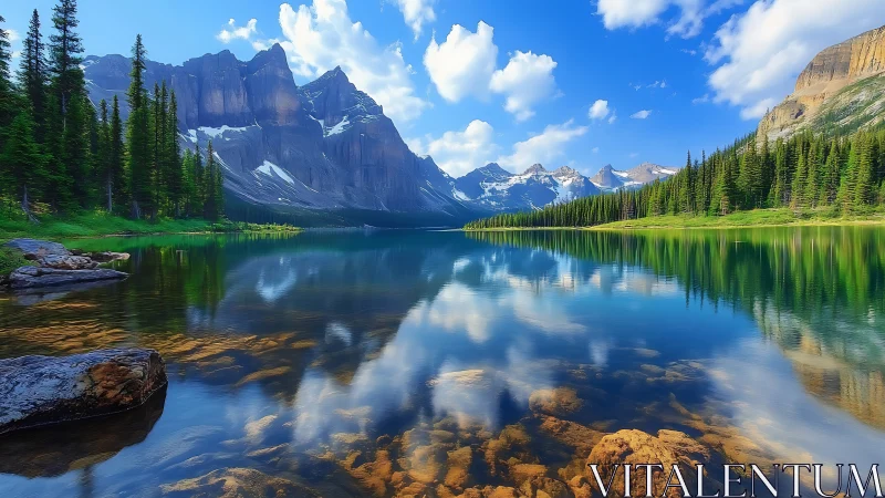 Peaceful mountain lake wrapped in bright sky reflections.