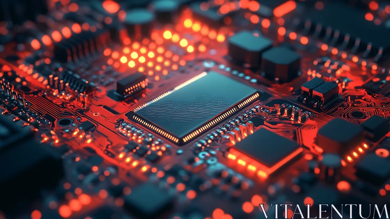 Illuminated microprocessor on dense PCB with glowing signal paths