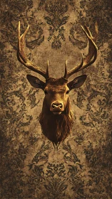 Stately stag portrait against richly patterned tapestry wall.