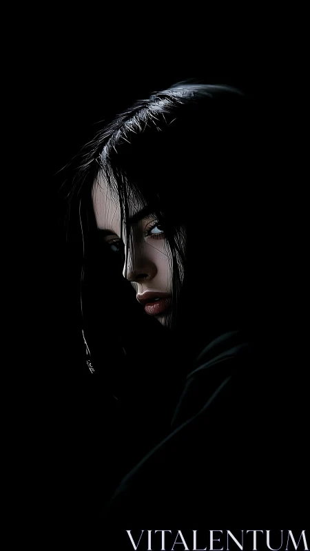 Female portrait in low-key lighting with dark backdrop.