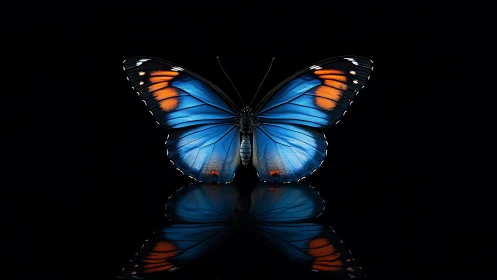 Glowing blue butterfly resting gently in a quiet reflection.