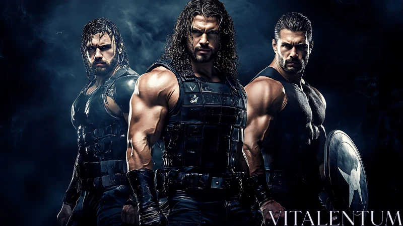 Three armored male warriors in tactical gear at night.