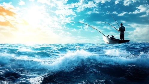 Solitary fisherman greeting sunrise on rolling ocean waves.