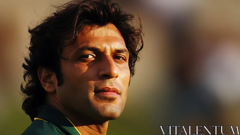 Warm backlit portrait of contemplative male athlete outdoors.