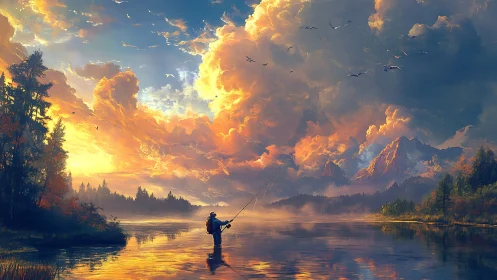 Fisher stands in shallow river beneath dense cloud formations